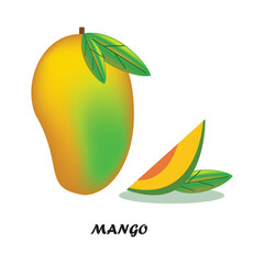Fresh ripe mango fruit with green leaf and juicy mango slice isolated on white background illustration