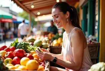 Woman shopping for fresh fruit at an outdoor market on a sunny day