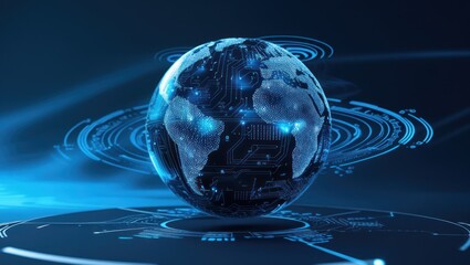 Digital globe illustration with circuit board design.