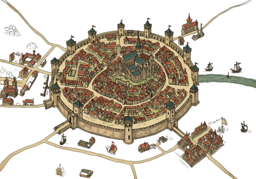 Detailed Illustration Of A Medieval City Map Vintage With Fortress And Town View