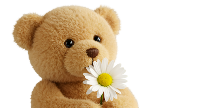 Cute Realistic Teddy Bear Holding Daisy Flower Isolated on Transparent Background