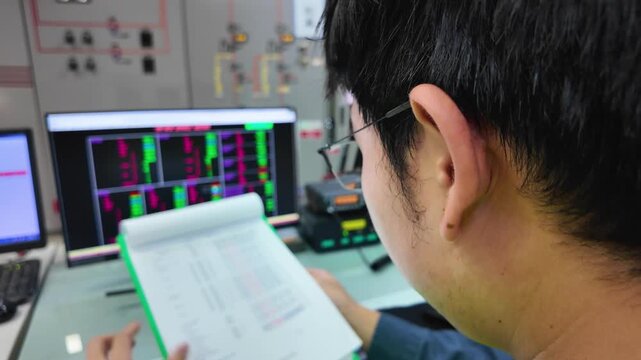 Person working in control room substation analyzing data on computer screen and reviewing documents with focused attention managing operations using technology for precise analysis