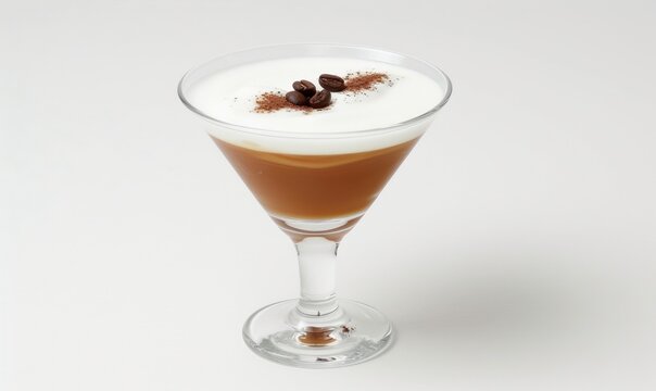 Elegant coffee martini cocktail with foam and beans in stemmed glass
