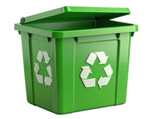 3D Recycling Bin Icon with Slightly Open Lid and Visible Trash Inside, Angled Perspective, Transparent Background PNG