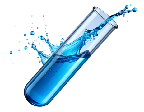  3D Test Tube Icon Tipped Sideways with Blue Chemical Splash, Realistic Shadows, Transparent Background PNG