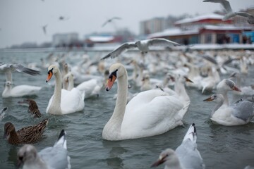 ODESSA UKRAINE February 2 2017 Snowy swans wild ducks and seagulls in the winter sea gulls scavenge for food from people while birds endure the cold People are protecting the