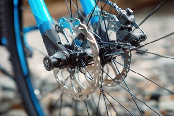 Obraz premium Close up of disc brakes on a bike wheel Mountain biking bicycle brake maintenance