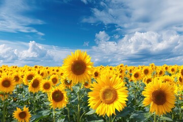 Fototapeta premium Summertime header design featuring sunflowers and clouds against a blue sky in Ukraine