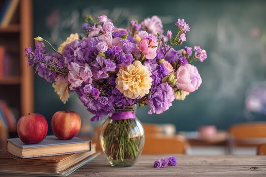 Flower arrangement for the first teacher on September 1st marking the start of the school year and Teachers Day