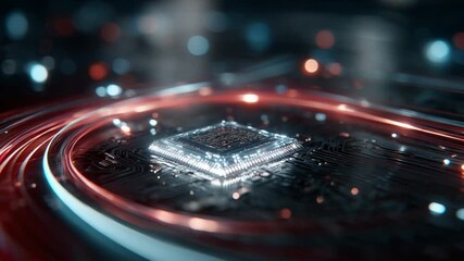 A close-up of a glowing central processing unit (CPU) on a circuit board, highlighted with red and blue light trails. Bokeh effect - Powered by Adobe