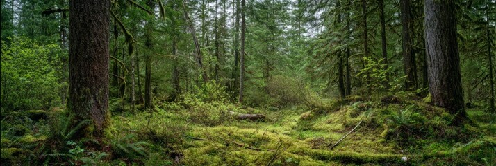 Obraz premium Towering evergreens surround a peaceful clearing filled with vibrant greenery in a Pacific Northwest forest, showcasing natural beauty and tranquility during early morning hours, banner