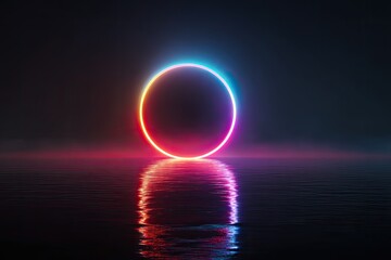 Obraz premium Neon circle portal over water