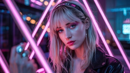 Young woman portrait with colorful neon lights cyberpunk aesthetic