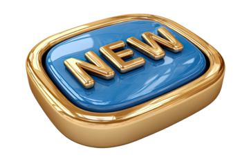 Gold-framed blue button with "NEW" text