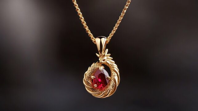 Gold necklace with a ruby dragon pendant
