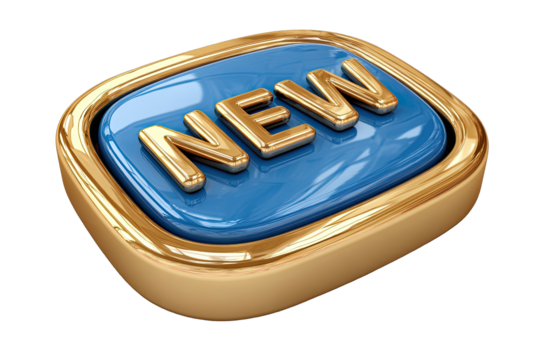 Gold-framed blue button with "NEW" text