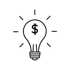 Creative idea, money innovation, financial solution, business thinking, startup concept, lightbulb symbol, economic strategy icon vector illustration.