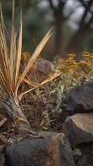 Colorful native plants thrive among the rugged rocks in the Texas landscape. This area reflects the unique beauty of the region's natural flora and rugged terrain at dawn