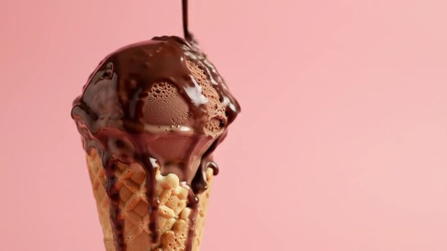 Satisfying Slow Motion: chocolate  Ice Cream Scoop Dropping into Crispy Waffle Cone - Minimal Pastel Background, Soft Clean Aesthetic