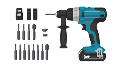 Electric Drill with Bits, Teal and Black Power Tool Set Isolated