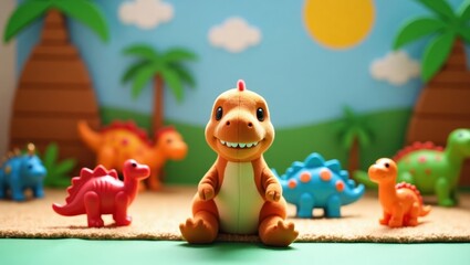 Colorful dinosaur toys arranged in a playset background.