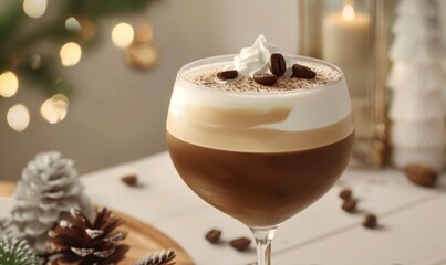 Festive coffee drink with cream and cocoa for holiday celebration