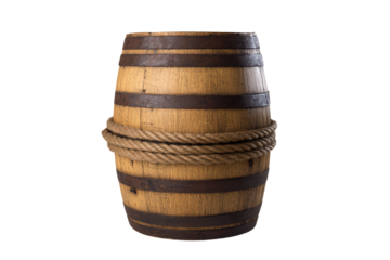 a wooden barrel with a rope around it