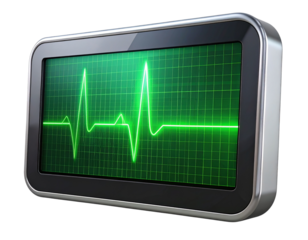  3D Heart Rate Monitor Icon with Glowing Pulse Wave, Angled Screen View, Transparent Background PNG