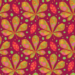A pattern of autumn chestnut leaves, each leaf showing a variety of colors and textures. The dark red background creates a contrast. For textiles, postcards, wrapping, invitations, and banners