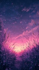 Walking Path Through Tall Grass at Dusk with Starry Sky