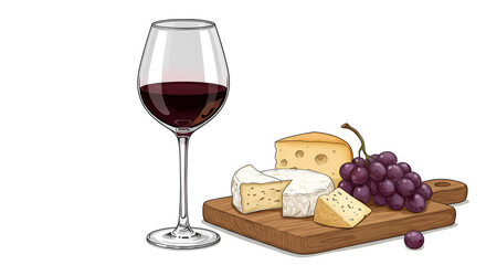 Red Wine with Cheese and Purple Grapes on Wood Board Still Life