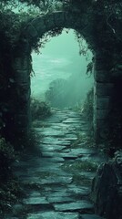 Walking Stone Path Through an Ancient Archway Leading to Ocean