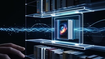Futuristic interaction with digital library, accessing information through glowing interface - Powered by Adobe
