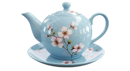 Elegant Blue Ceramic Teapot With Pink Floral Pattern on Isolated Background