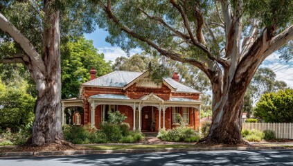 Fototapeta premium Charming brick house shaded by large trees