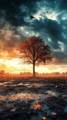 Lonely Tree Standing in Muddy Field at Dusk