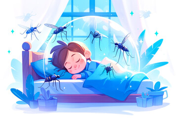 The child falls asleep peacefully under the mosquito protection cover