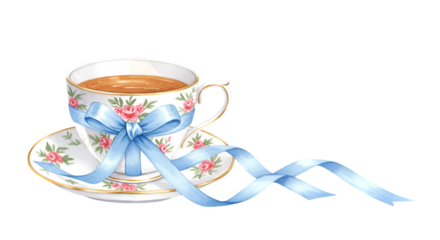 Elegant Floral Teacup Illustration With Blue Ribbon Isolated Transparent Background
