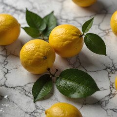 Fresh lemons with green leaves on white marble background