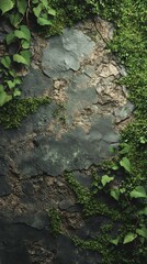 Stone Wall Texture with Growing Moss and Vines Nature Background