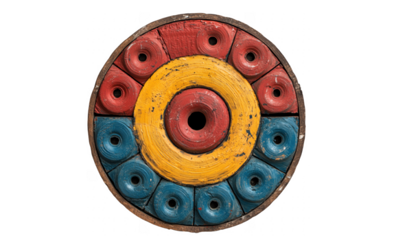 Colorful wooden object with concentric circles of various shapes arranged against transparent background