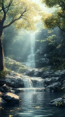 Waterfall Flowing Through Lush Green Forest in Sunlight