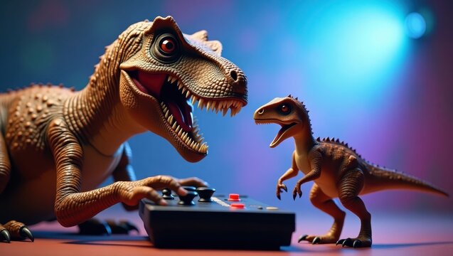 Two playful dinosaur figurines interacting with a vintage-style  controller.