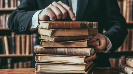 Dedicated man holding a large stack of books while standing against a bookshelf in a library
