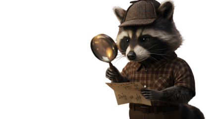 Detective Raccoon Examining Map With Magnifying Glass In A Transparent Background Illustration