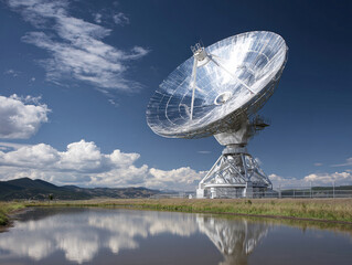 Outdoor satellite dish, silver with solar panels Reflective surface shows clear skies Empty space for additional elements Towering over natural setting with sparse vegetation and hil - AI-Generated