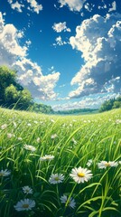 Field of Daisies Under a Bright Blue Sky on a Sunny Day
