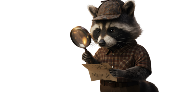 Detective Raccoon Examining Map With Magnifying Glass In A Transparent Background Illustration