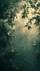 Enchanted Forest Scene with Sparkling Light and Green Leaves