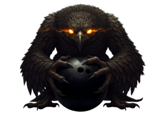 Digital Illustration Of A Black Evil Owl Holding A Bowling Ball With Glowing Eyes